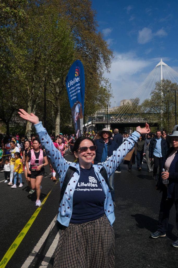 Lifelites' Senior Engagement Officer Saskia, cheering at the London Landmarks Half Marathon 2026.